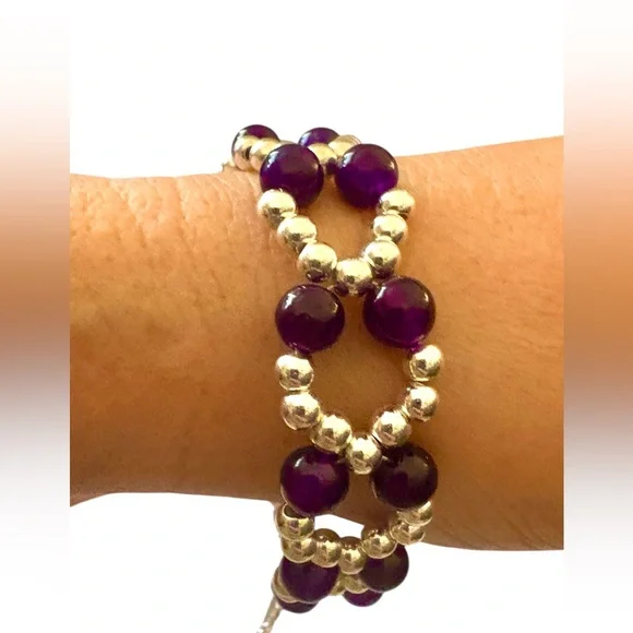 Purple Carnelian Chalcedony and Silver Seed Bead Bracelet with Adjuster - Picture 6 of 10